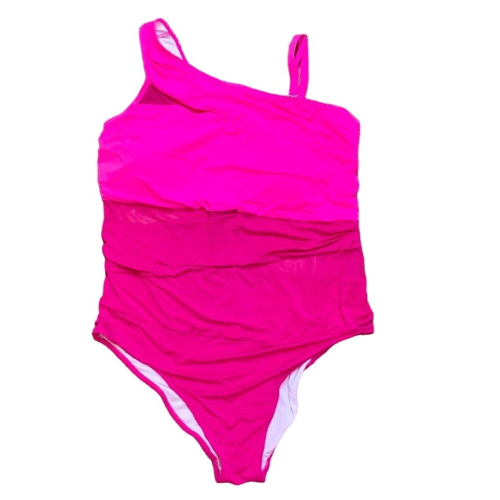 Aqua Eve One-Shoulder One-Piece Swimsuit Pink Plus Size 22W Tummy Control Mesh